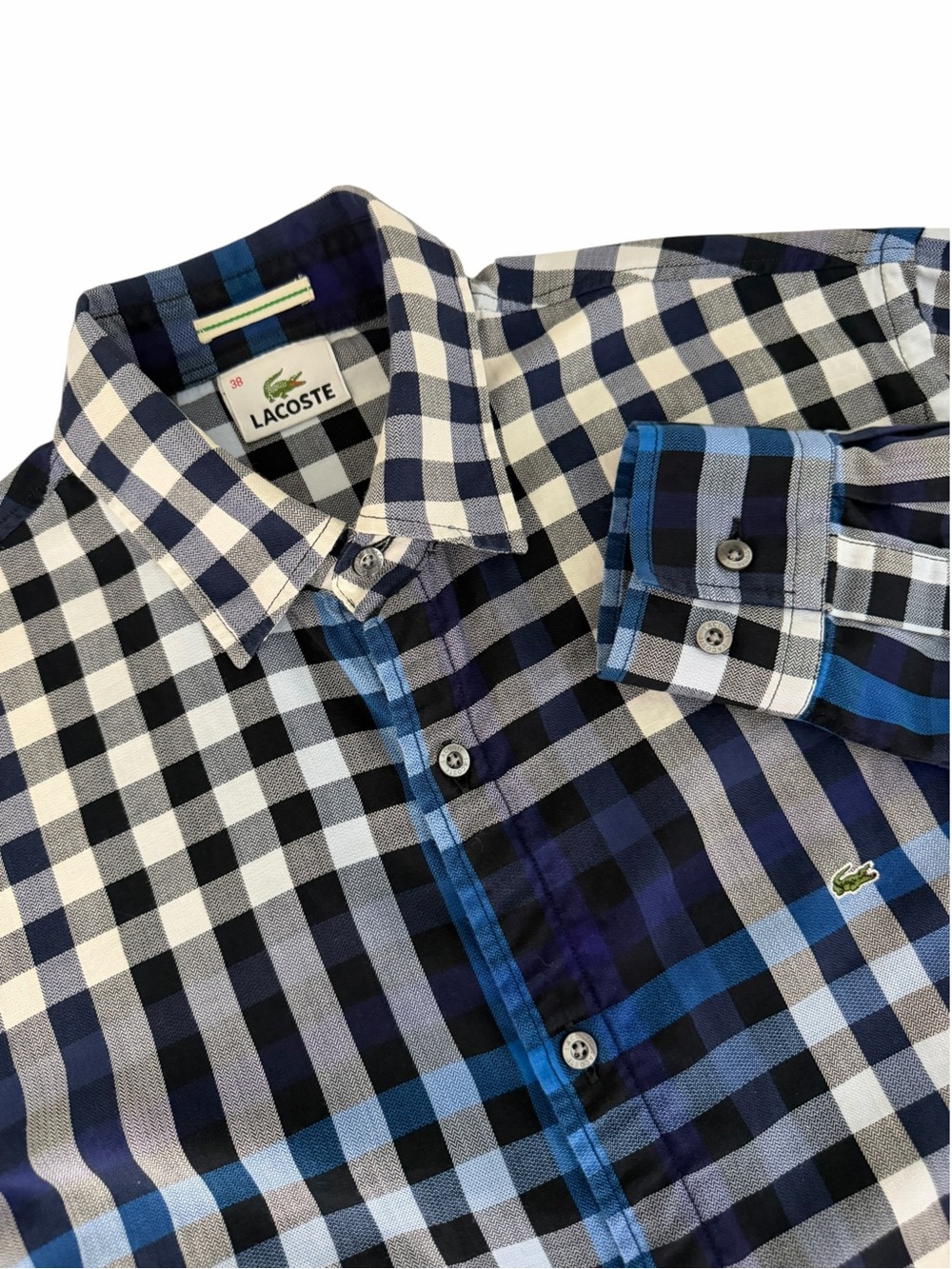LACOSTE Blue Navy White Plaid Check Cotton Button Down Shirt Men's S